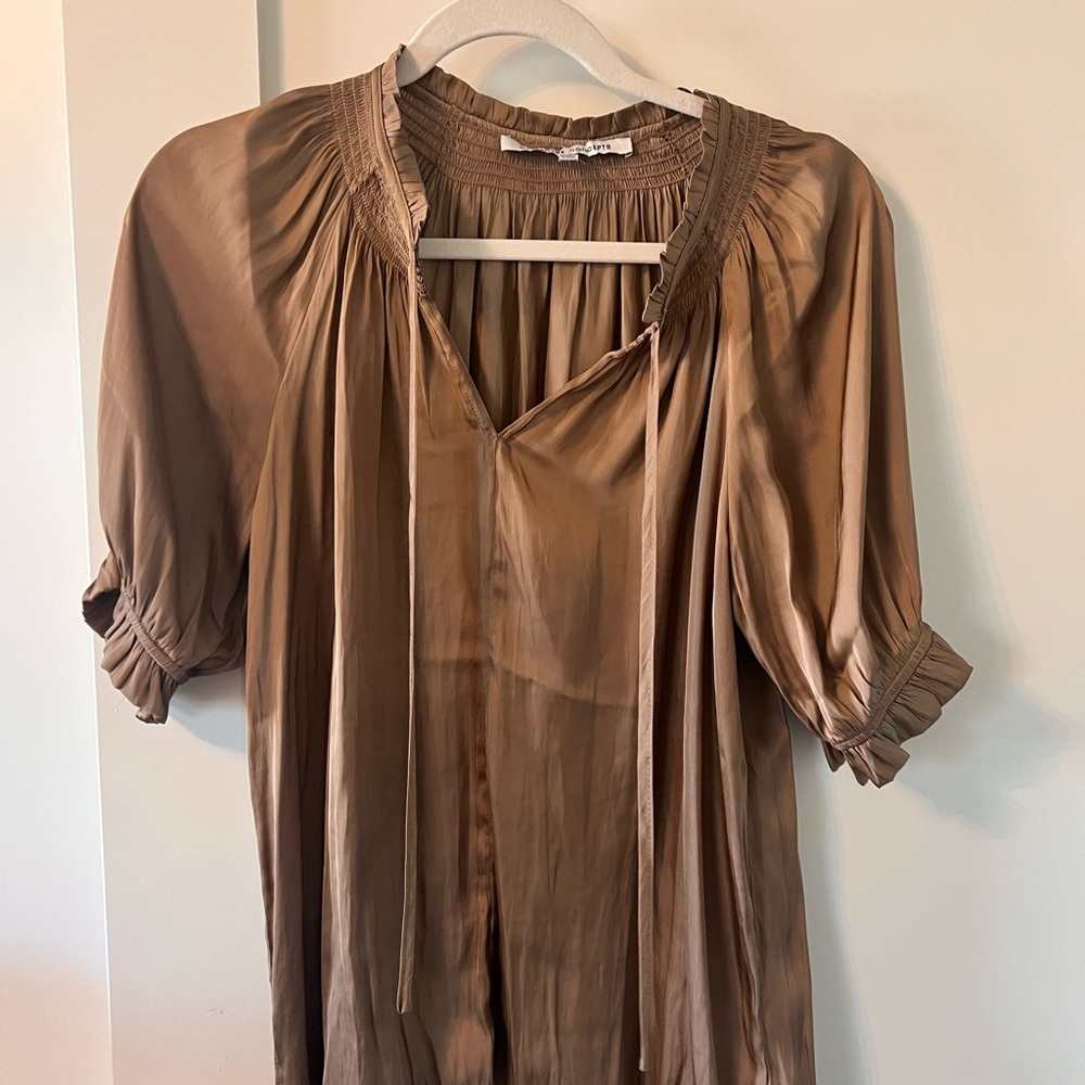 Collective Concepts Brown Smocked Puff Sleeve Blouse